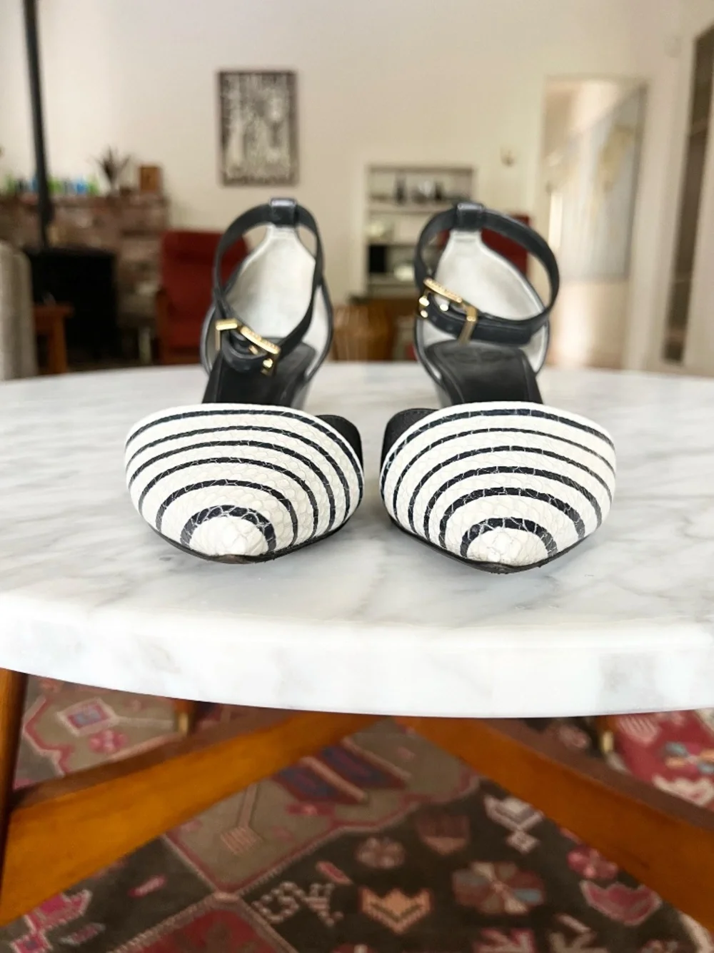 Tory Burch Pointed Toe Heels Navy White Striped Ankle Strap 6.5